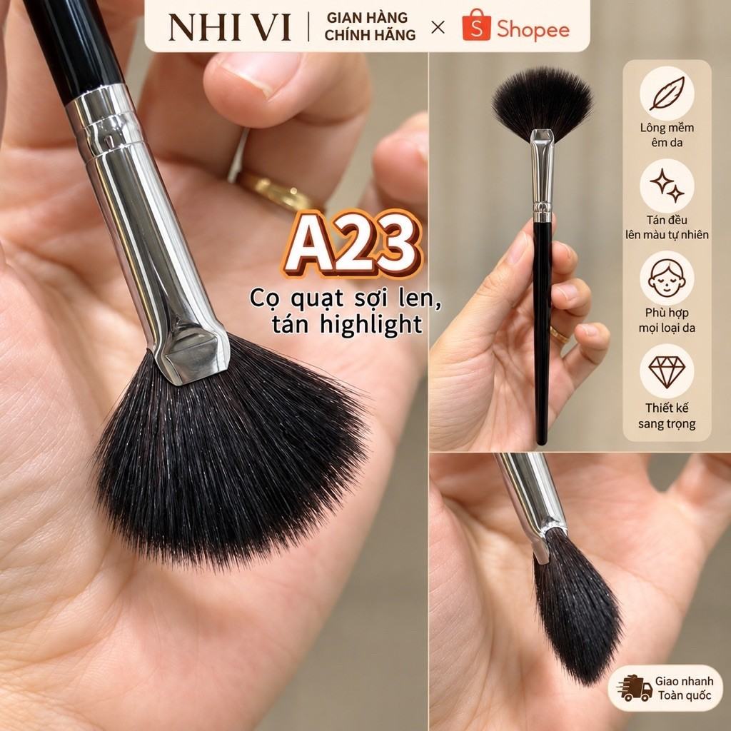 Cọ quạt lông mềm tán highlight một cây cán đen Nhivie A23