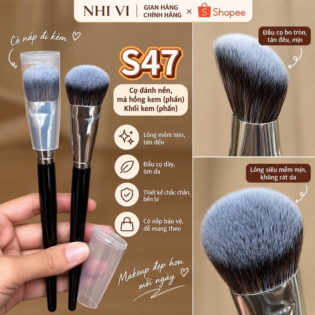 Cọ trang điểm đa năng đánh má hồng kem, khối kem, đánh nền, dài 19 cm, mã sản phẩm S47