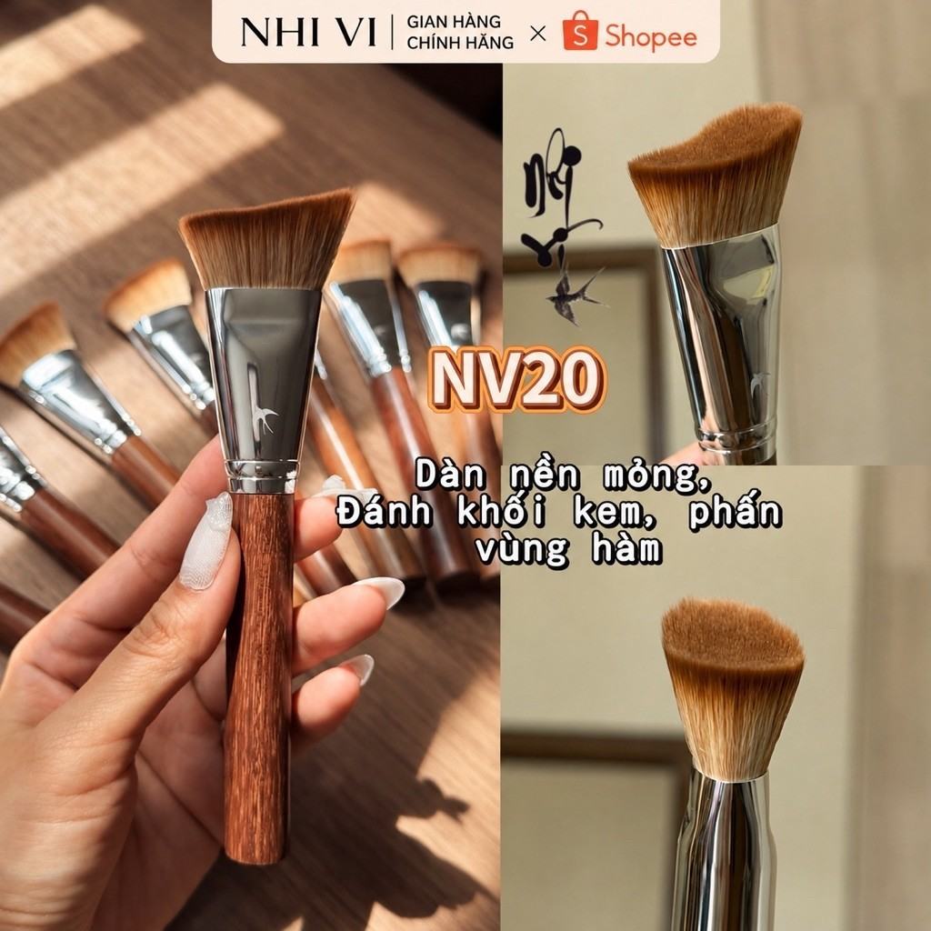 Cọ Nhi Vi NV20 Đầu Xéo Bản Lớn Cán Gỗ – Tán Kem Nền/ BB CC, Tạo Khối, Bronzer, Má Hồng Kem Phấn