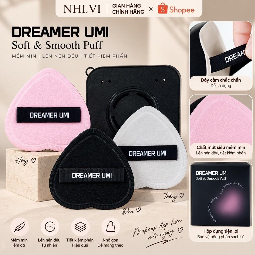 Bông Mút Tán Nền Hình Trái Tim DREAMER UMI + Kèm Hộp Đựng – Tán Kem Nền Mịn, Hạn Chế Hút Kem Nền Tặng Kèm Hộp Đựng
