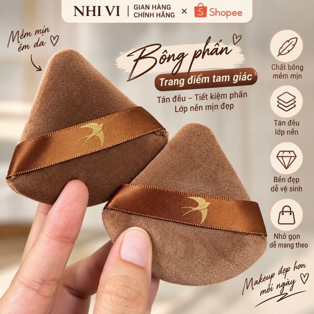 Bông mút trang điểm dạng bông phấn nhung dùng cho phấn phủ, ký hiệu: AQ19, kích thước (77*66*47)mm, mới 100% màu nâu.