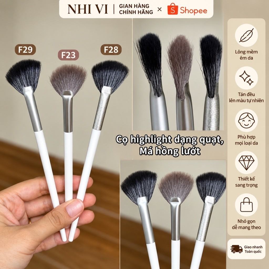 Cọ quạt tán highlight má hồng lướt đa năng các loại cán trắng F29 F23 F28