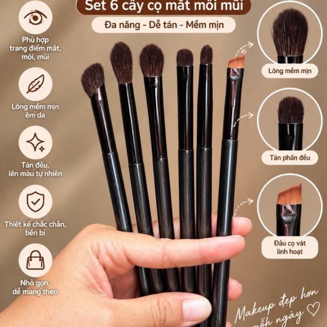 Set 6 Cây Cọ Mắt Môi Mũi Đa Năng Lông Tự Nhiên, Tán Mắt – Khối Mũi – Kẻ Line – Tán Bọng Mắt BO6