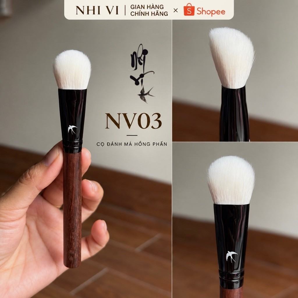 Cọ đánh má hồng phấn, phủ phấn trung tâm form vát xéo lông tự nhiên, cán gỗ cọ Nhi Vi mã - NV03