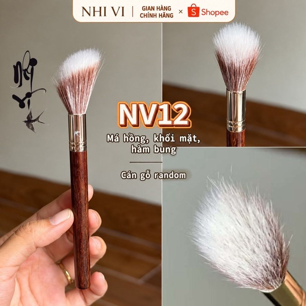 Cọ má hồng lông tự nhiên form vát xéo cọ Nhivi cán gỗ NV12
